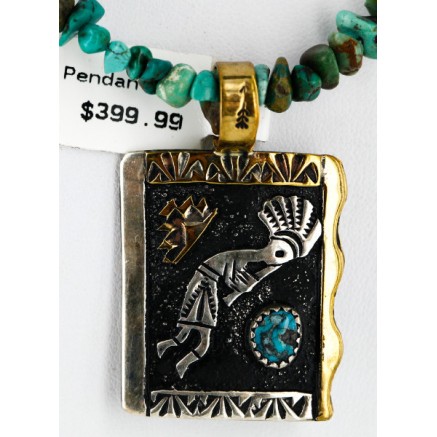 $590 12kt Gold Filled And .925 Sterling Silver Handmade KOKOPELI Certified Authentic Navajo Natural Turquoise Native American Necklace 15000-9