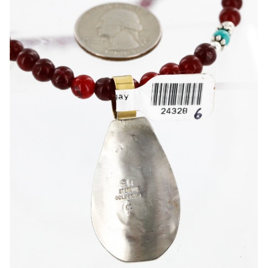 12kt Gold Filled And .925 Sterling Silver Handmade Gaco Certified Authentic Navajo Coral Agate and Turquoise Native American Necklace 24328-6