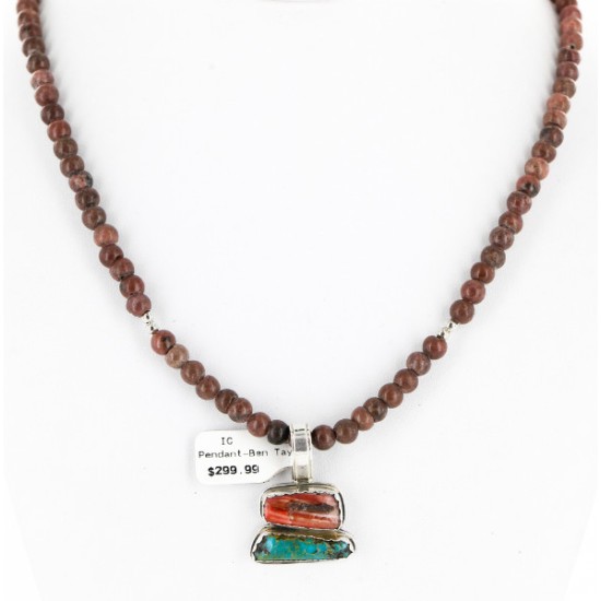 Handmade Certified Authentic Navajo .925 Sterling Silver Natural Spiny Oyster And Turquoise Native American Necklace 15926 Handmade Certified Authentic Navajo .925 Sterling Silver Natural Spiny Oyster And Turquoise Native American Necklace 15926