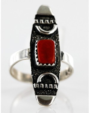 .925 Sterling Silver Handmade Certified Authentic Navajo Coral Native American Ring  12646-9