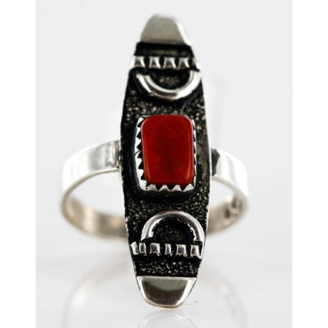 .925 Sterling Silver Handmade Certified Authentic Navajo Coral Native American Ring  12646-9