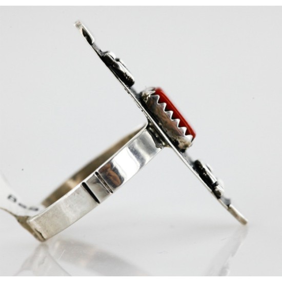 .925 Sterling Silver Handmade Certified Authentic Navajo Coral Native American Ring  12646-9