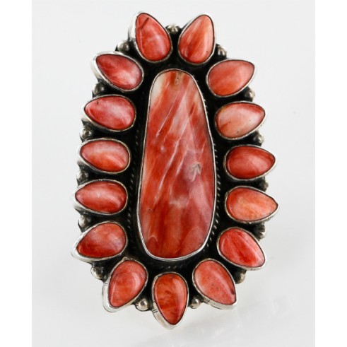 Handmade Certified Authentic Flower Signed Navajo .925 Sterling Silver Spiny Oyster Native American Ring  16421