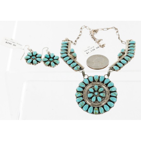 Handmade Certified Authentic Navajo .925 Sterling Silver Natural Turquoise Set Native American Necklace Earrings 15749-17945
