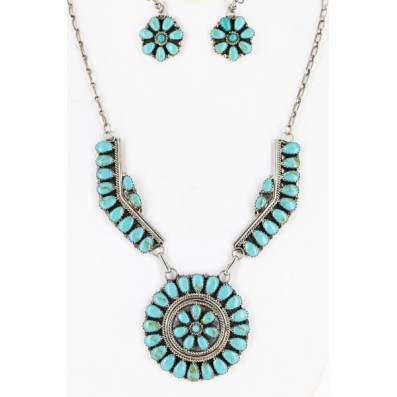 Handmade Certified Authentic Navajo .925 Sterling Silver Natural Turquoise Set Native American Necklace Earrings 15749-17945