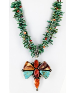 Large Butterfly Handmade Certified Authentic Navajo .925 Sterling Silver Signed Turquoise Spiny Oyster Native American Necklace 24101