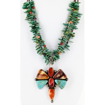 Large Butterfly Handmade Certified Authentic Navajo .925 Sterling Silver Signed Turquoise Spiny Oyster Native American Necklace 24101