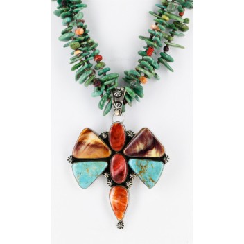 Large Butterfly Handmade Certified Authentic Navajo .925 Sterling Silver Signed Turquoise Spiny Oyster Native American Necklace 24101