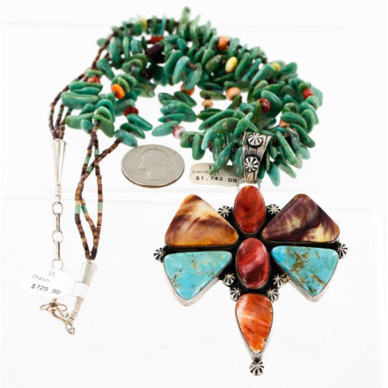 Large Butterfly Handmade Certified Authentic Navajo .925 Sterling Silver Signed Turquoise Spiny Oyster Native American Necklace 24101
