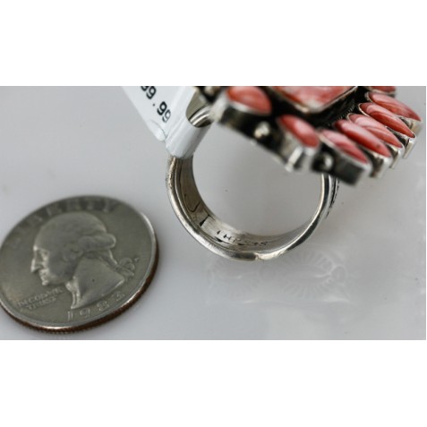 Handmade Certified Authentic Flower Signed Navajo .925 Sterling Silver Spiny Oyster Native American Ring  16421