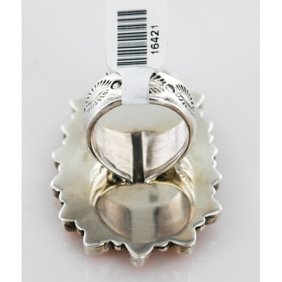 Handmade Certified Authentic Flower Signed Navajo .925 Sterling Silver Spiny Oyster Native American Ring  16421