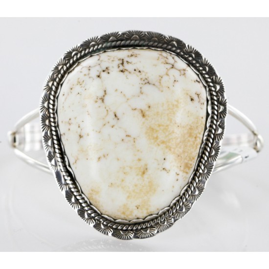 Handmade Certified Authentic Navajo .925 Sterling Silver WHITE Buffalo Turquoise Native American Bracelet 12662