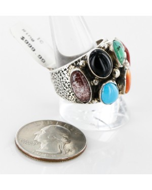 Handmade Certified Authentic Navajo .925 Sterling Silver Natural Turquoise Onyx Coral Jasper Spiny Native American Ring  16882