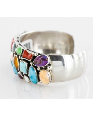Handmade Certified Authentic Navajo .925 Sterling Silver Multicolor Turquoise, Coral, Lapis Native American Cuff Bracelet 12483