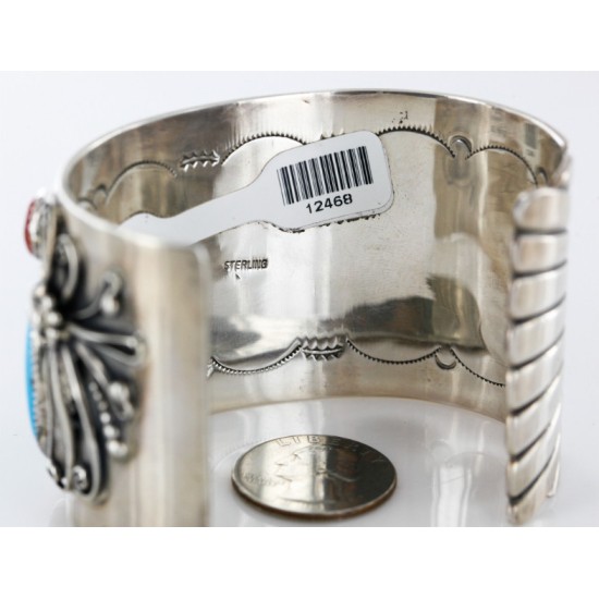 Pueblo Certified Authentic Navajo .925 Sterling Silver Natural Turquoise and Coral Native American Bracelet 12468