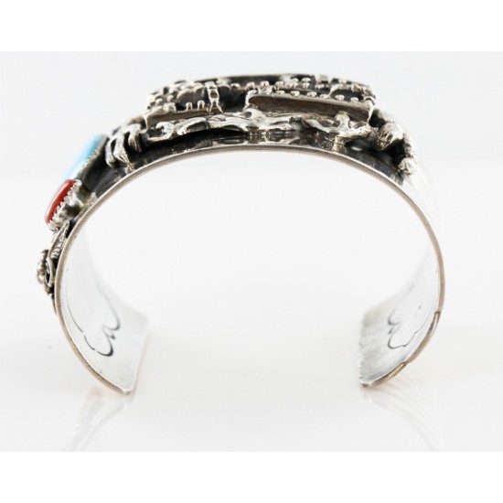 Pueblo Certified Authentic Navajo .925 Sterling Silver Natural Turquoise and Coral Native American Bracelet 12468