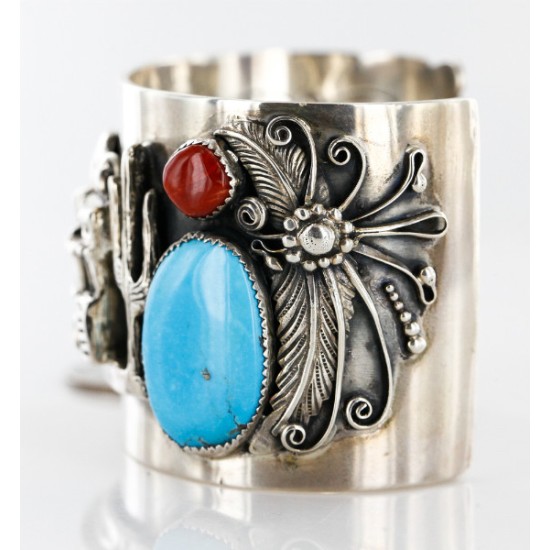 Pueblo Certified Authentic Navajo .925 Sterling Silver Natural Turquoise and Coral Native American Bracelet 12468