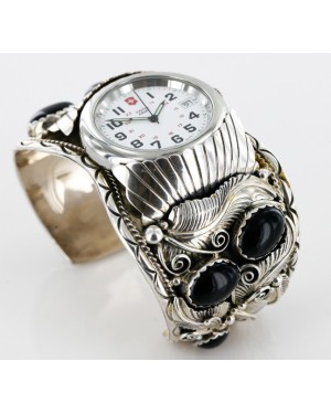Certified Authentic Navajo .925 Sterling Silver Black Onyx Signed Native American Watch 11114