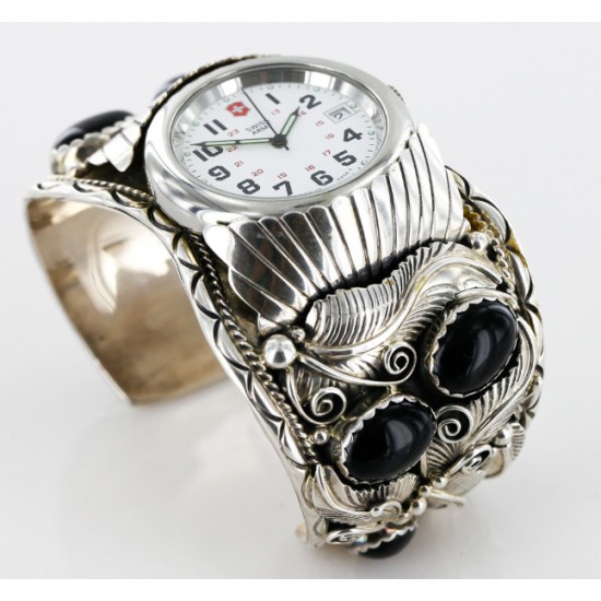 Certified Authentic Navajo .925 Sterling Silver Black Onyx Signed Native American Watch 11114