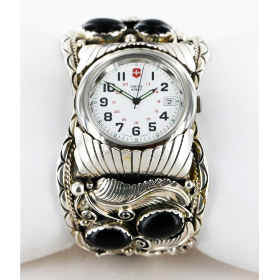 Certified Authentic Navajo .925 Sterling Silver Black Onyx Signed Native American Watch 11114
