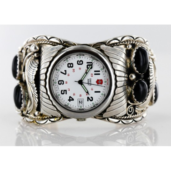 Certified Authentic Navajo .925 Sterling Silver Black Onyx Signed Native American Watch 11114