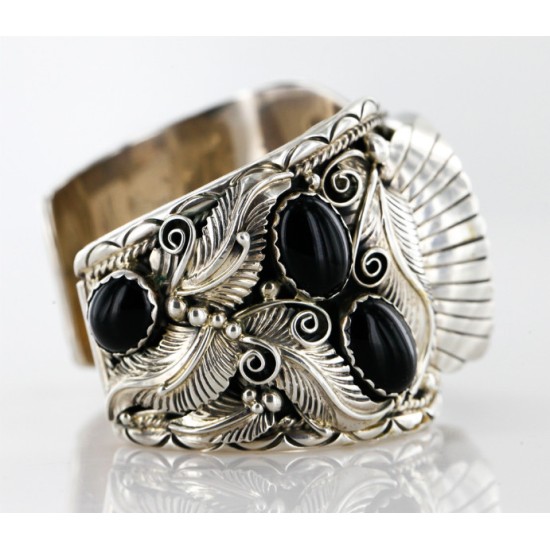 Certified Authentic Navajo .925 Sterling Silver Black Onyx Signed Native American Watch 11114
