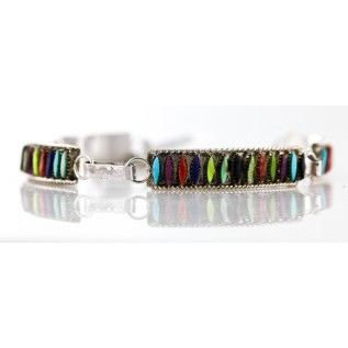 Petit Point Handmade Certified Authentic Zuni .925 Sterling Silver Multicolor Turquoise Link Native American Bracelet 12669