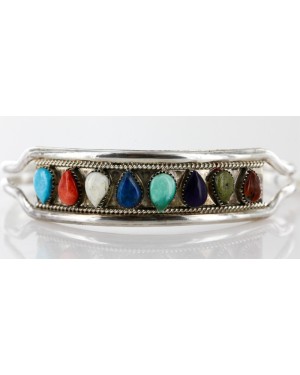 Petit Point Handmade Certified Authentic Zuni .925 Sterling Silver Multicolor Turquoise Native American Bracelet 12665-00