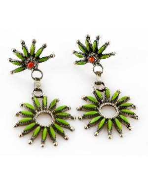 Handmade Certified Authentic Petit Point Zuni .925 Sterling Silver Gaspeite and Coral Native American Earrings 27123