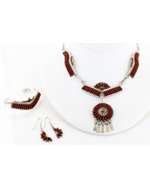 Petit Point Handmade Certified Authentic Signed Zuni .925 Sterling Silver Coral Set Native American Necklace Bracelet Earrings 15790-17946-12527