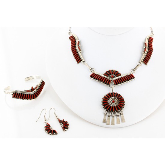 Petit Point Handmade Certified Authentic Signed Zuni .925 Sterling Silver Coral Set Native American Necklace Bracelet Earrings 15790-17946-12527