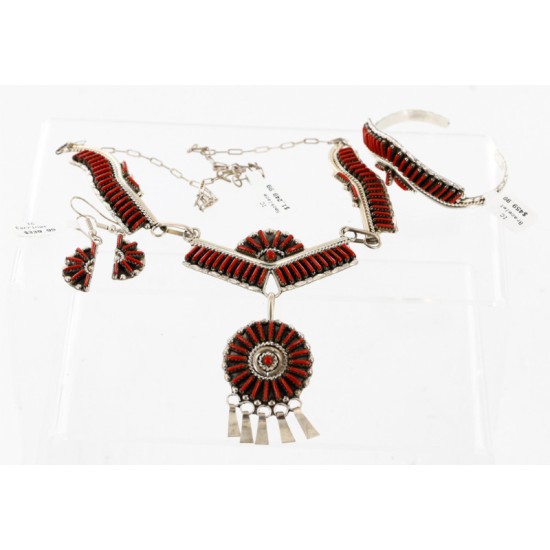 Petit Point Handmade Certified Authentic Signed Zuni .925 Sterling Silver Coral Set Native American Necklace Bracelet Earrings 15790-17946-12527