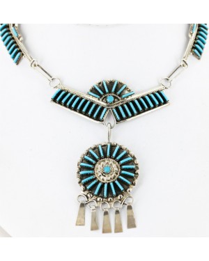 Petit Point Handmade Certified Authentic Zuni .925 Sterling Silver Turquoise Set Native American Necklace Earrings 15790-17946
