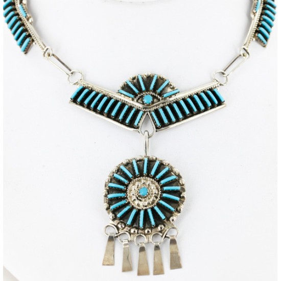 Petit Point Handmade Certified Authentic Zuni .925 Sterling Silver Turquoise Set Native American Necklace Earrings 15790-17946