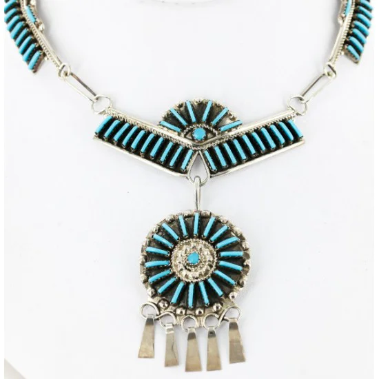 Petit Point Handmade Zuni .925 Sterling Silver Turquoise Set Native American Necklace Earrings 15790-17946 Petit Point Handmade Zuni .925 Sterling Silver Turquoise Set Native American Necklace Earrings 15790-17946