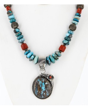 Handmade Certified Authentic Mae Peshlakei Navajo .925 Sterling Silver Turquoise Native American Necklace 15014