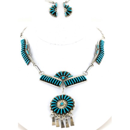 Petit Point Handmade Certified Authentic Zuni .925 Sterling Silver Turquoise Set Native American Necklace Earrings 15790-17946