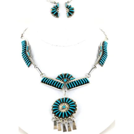 Petit Point Handmade Zuni .925 Sterling Silver Turquoise Set Native American Necklace Earrings 15790-17946 Petit Point Handmade Zuni .925 Sterling Silver Turquoise Set Native American Necklace Earrings 15790-17946