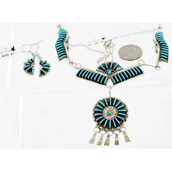 Petit Point Handmade Zuni .925 Sterling Silver Turquoise Set Native American Necklace Earrings 15790-17946 Petit Point Handmade Zuni .925 Sterling Silver Turquoise Set Native American Necklace Earrings 15790-17946