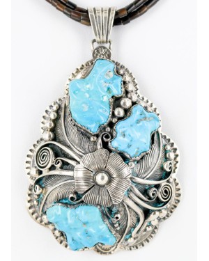 .925 Sterling Silver Handmade Flower Certified Authentic Navajo Signed By AB Turquoise Pendant Native American Necklace 15022-15684