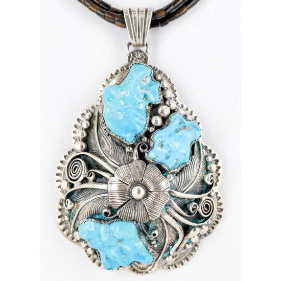 .925 Sterling Silver Handmade Flower Certified Authentic Navajo Signed By AB Turquoise Pendant Native American Necklace 15022-15684