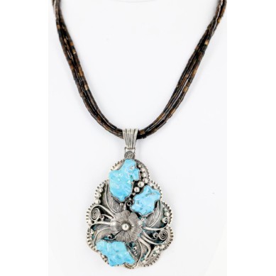 .925 Sterling Silver Handmade Flower Certified Authentic Navajo Signed By AB Turquoise Pendant Native American Necklace 15022-15684