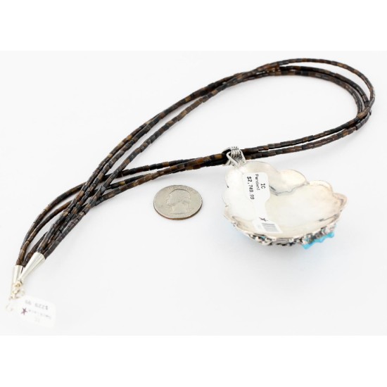 .925 Sterling Silver Handmade Flower Certified Authentic Navajo Signed By AB Turquoise Pendant Native American Necklace 15022-15684