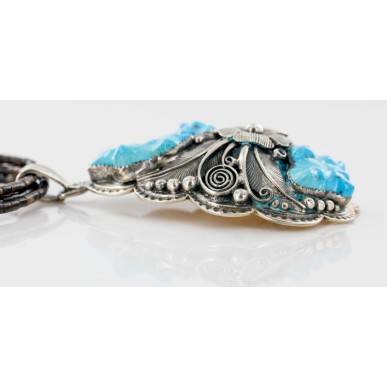 .925 Sterling Silver Handmade Flower Certified Authentic Navajo Signed By AB Turquoise Pendant Native American Necklace 15022-15684