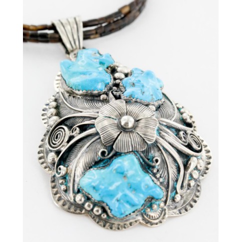 .925 Sterling Silver Handmade Flower Certified Authentic Navajo Signed By AB Turquoise Pendant Native American Necklace 15022-15684