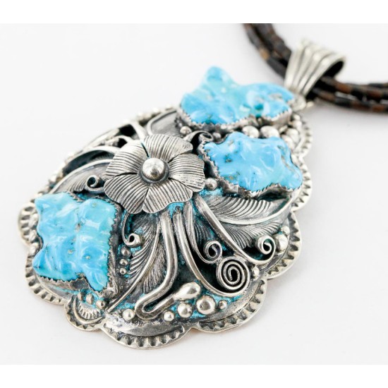 .925 Sterling Silver Handmade Flower Certified Authentic Navajo Signed By AB Turquoise Pendant Native American Necklace 15022-15684