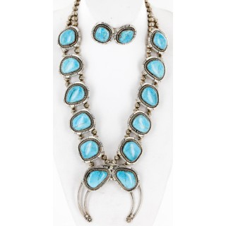 Handmade Certified Authentic Navajo .925 Sterling Silver Turquoise Squash Blossom Native American Necklace and Earrings Set Ray Begay 15740-17659