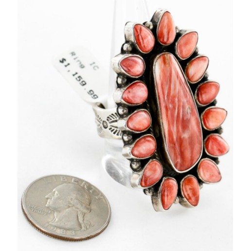 Handmade Certified Authentic Flower Signed Navajo .925 Sterling Silver Spiny Oyster Native American Ring  16421