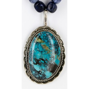 Handmade Certified Authentic Navajo 12kt Gold Filled .925 Sterling Silver Natural LAPIS and Turquoise Native American Necklace 14980