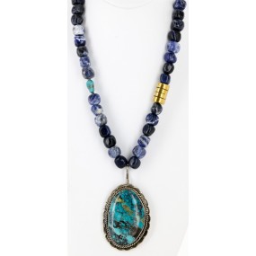 Handmade Certified Authentic Navajo 12kt Gold Filled .925 Sterling Silver Natural LAPIS and Turquoise Native American Necklace 14980
